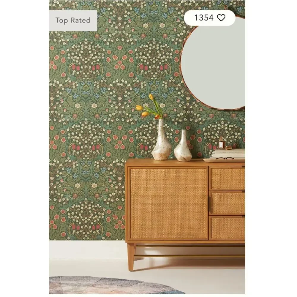 Anthropologie Morris & Co. Blackthorn Floral Green Wallpaper